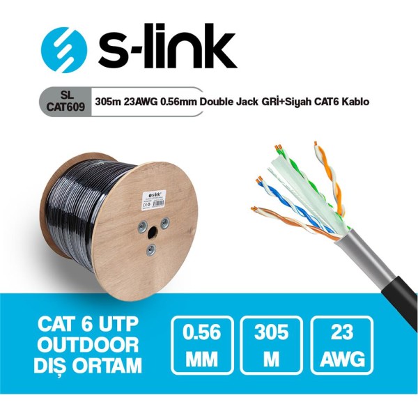 S-link SL-CAT609 305m 23AWG 0.56mm CCA Double Jack GRİ+Siyah Dış Mekan S-link SL-CAT609 305m 23AWG 0.56mm CCA Double Jack GRİ+Siyah Dış Mekan