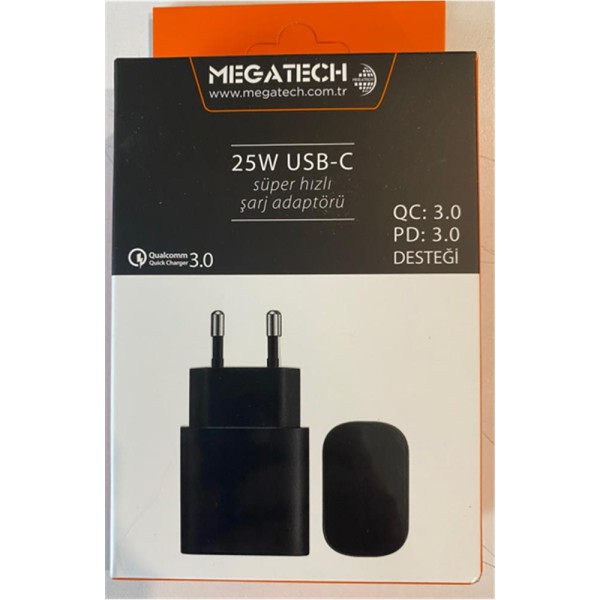 Megatech 25w Siyah USB-C Şarj Kafa QC:3.0-PD:3.0 