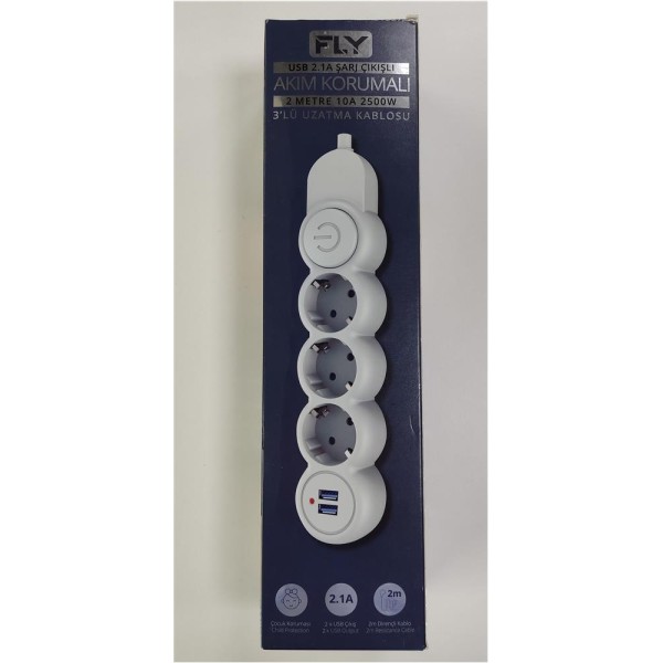 Fly 3393-01 3lü 2mt 2.1A Anahtarlı 2Usb Şarj Çıkışlı Akım Korumalı 2500w Fly 3393-01 3lü 2mt 2.1A Anahtarlı 2Usb Şarj Çıkışlı Akım Korumalı 2500w