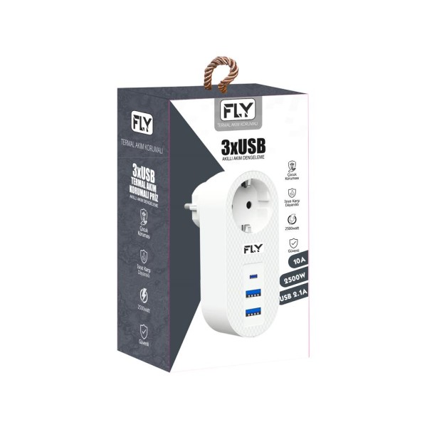 FLY-3400-01 Akım Korumalı.1 li Priz 2-Usba 1-C Soket 2.1A 10A 2500W FLY-3400-01 Akım Korumalı.1 li Priz 2-Usba 1-C Soket 2.1A 10A 2500W