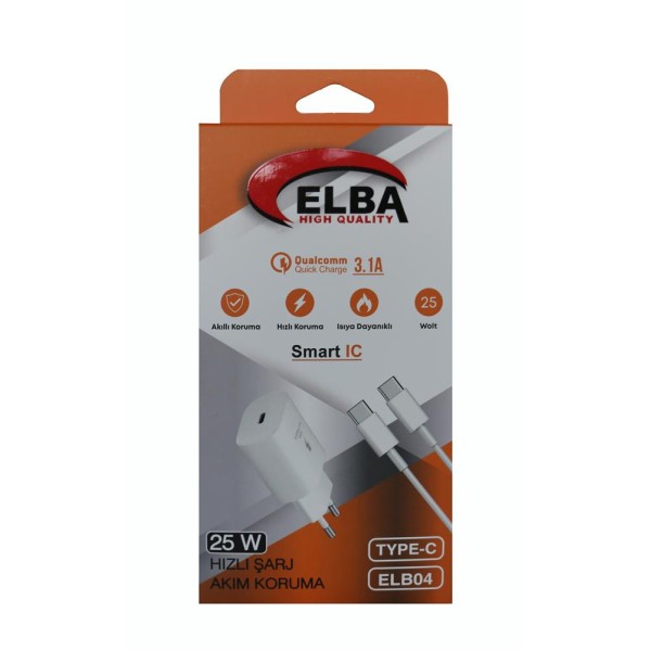 Elba ELB04-PD-25WTypc Beyaz 25W Typc-e Ev Şarj Kafa+1mt Type-c To Type-c Kablo Hızlı Şarj Elba ELB04-PD-25WTypc Beyaz 25W Typc-e Ev Şarj Kafa+1mt Type-c To Type-c Kablo Hızlı Şarj