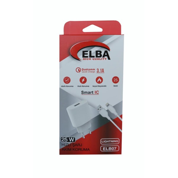Elba ELB07-USB-25WIOS Beyaz 25W Usb Ev Şarj Kafa+ Usb 1mt Lightning Kablo QC4.0 Hızlı Şarj Elba ELB07-USB-25WIOS Beyaz 25W Usb Ev Şarj Kafa+ Usb 1mt Lightning Kablo QC4.0 Hızlı Şarj