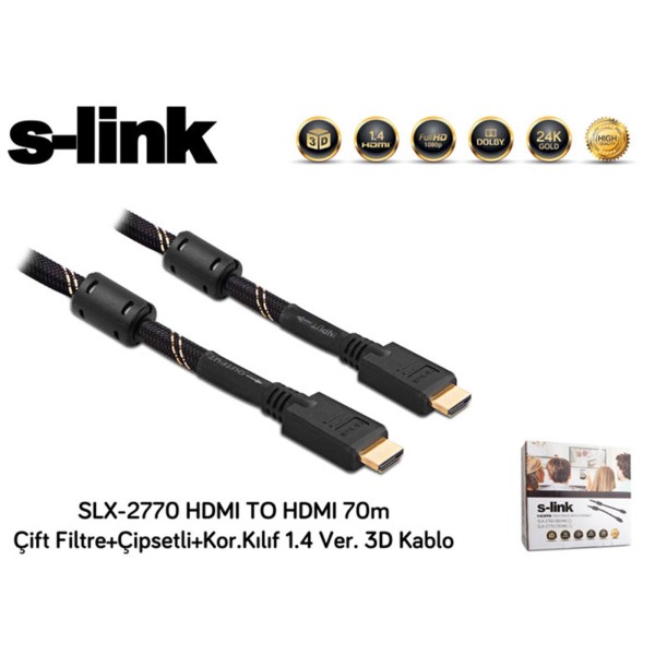 S-link SLX-2770 HDMI TO HDMI 70m Çift Filtre+Çipsetli+Kor.Kılıf 1.4 Ver. 3D Kablo S-link SLX-2770 HDMI TO HDMI 70m Çift Filtre+Çipsetli+Kor.Kılıf 1.4 Ver. 3D Kablo
