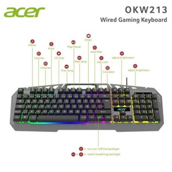 Acer OKW213 Gri- Siyah  RGB Rainbow Backlit Gaming Keyboard Rainbow (Kablo Uzunluğu 1,5mt)