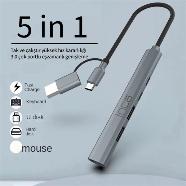 Inca IUTP-06TX 5in1 USB 3.0 + 2xUSB 2.0+Type-C+PD 100W USB+Type-C Çoklayıcı 3.0 ile 5 Gbps