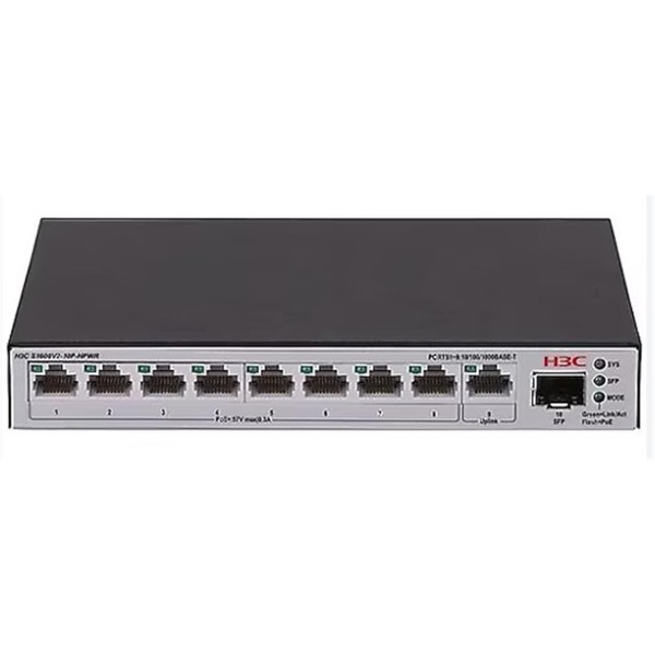 H3C S1600V2-10P-HPWR L2 9x 10-100-1000 BASE-T Ports (8x PoE+ Ports) 1x 1G SFP Port, 125W PoE+ Switch H3C S1600V2-10P-HPWR L2 9x 10-100-1000 BASE-T Ports (8x PoE+ Ports) 1x 1G SFP Port, 125W PoE+ Switch