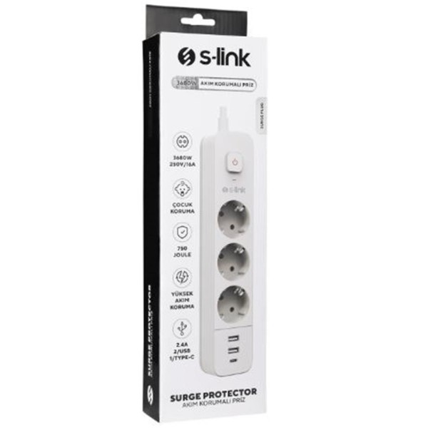 S-link SPG03TC 5V2.4A 1.5m 3x1.00mm 100 yüzde  Bakır 750 Joule 3 lü Anahtarlı Akım Korumalı Beyaz Priz