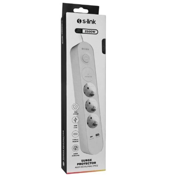 S-link SPG3-PD20  PD20W H05VV-F 3G1.0mm, 1.5m 3 lü 306 J Akım Korumalı Beyaz + Gri Priz