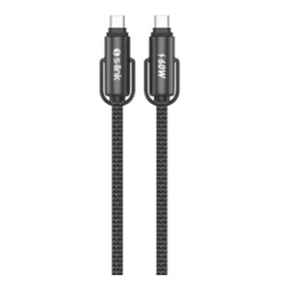 S-link Armor Boyun Askılı AC-01 60W 1.2m Type-C to Type-C  Örgülü Metal Başlıklı Siyah Şarj Kablosu