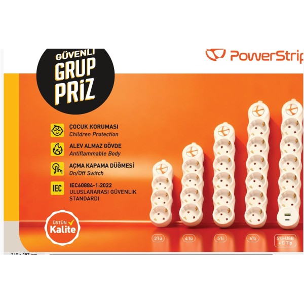TUNCMATIK POWERSTRIP3 3 lü 3 m IEC 66884-1:2022 Standartı, FR(Alev Almaz), anahtarlı grup priz
