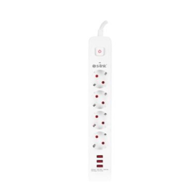 S-link SPG403U 1.5m 1.5mm 100 yüzde  Bakır 750 Joule 3 Usb 5V2.4A 4lü Anahtarlı Akım Korumalı Priz