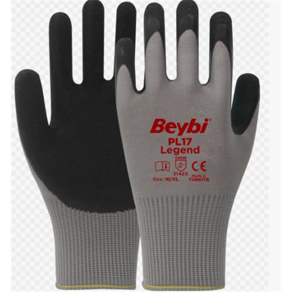 BEYBİ PL-17 10 Beden Gri-Siyah 12li Paket Legend Polyester Örme Lateks Eldiven