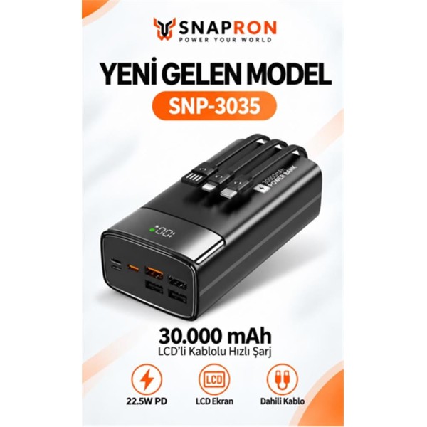 Snapron SNP-3035 30.000 Mah LCD Ekran Dahili Kablolu 22.5w Hızlı Şarj Powerbank