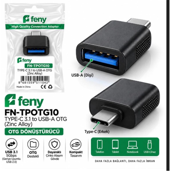Feny FN-TPOTG10 Type-c 3.1 To Usb-A Çinko Alışımlı Çevirici Feny FN-TPOTG10 Type-c 3.1 To Usb-A Çinko Alışımlı Çevirici