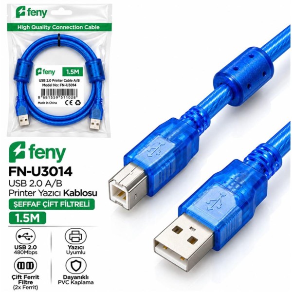 Feny FN-u3014 1.5mt Usb 2.0 Yazıcı Kablosu Çift Filtreli Feny FN-u3014 1.5mt Usb 2.0 Yazıcı Kablosu Çift Filtreli