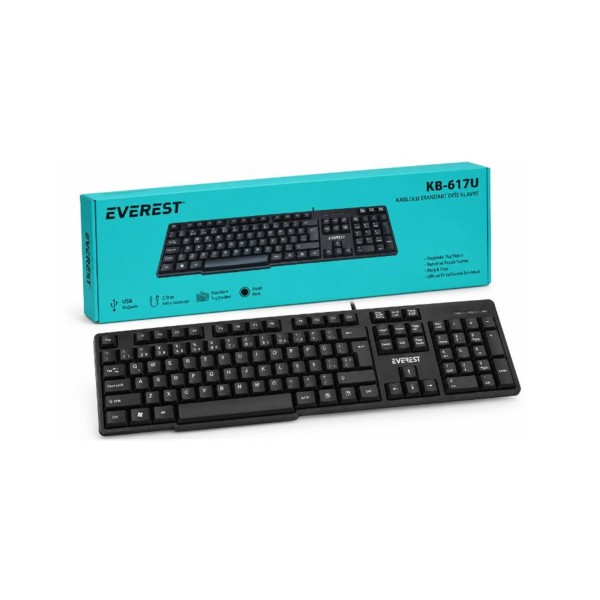 Everest KB-617U Siyah 2MT Bakır Kablolu USB F Standart Klavye