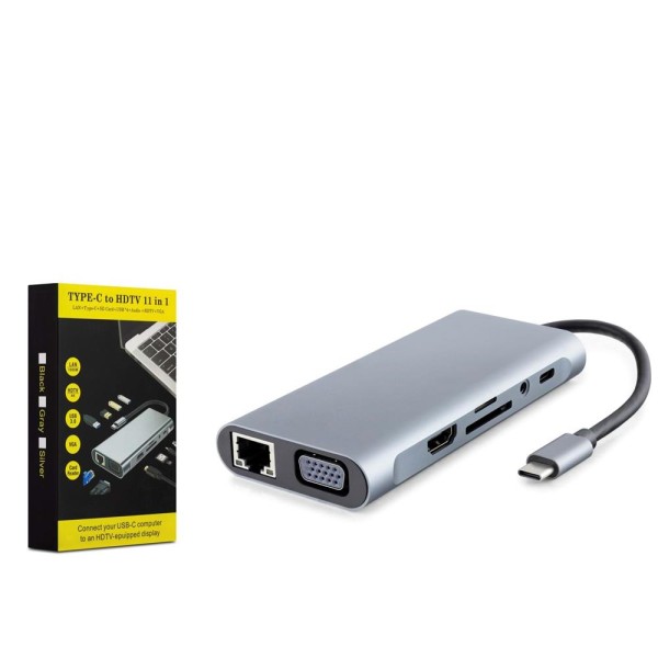 HADRON HDX7830 Type-C 3.0 PD 100W HDMI 4K VGA Gigabit LAN AUX Kart Okuyucu 11 Port 5 Gbps Gri HADRON HDX7830 Type-C 3.0 PD 100W HDMI 4K VGA Gigabit LAN AUX Kart Okuyucu 11 Port 5 Gbps Gri