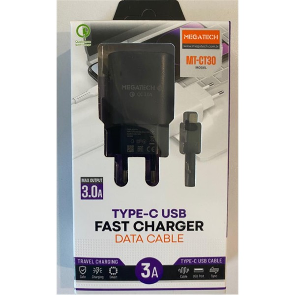 Megatech Mt-CT30 Siyah QD 3.0a Usb Ev Şarj Kafa+ Type-C Şarj Kablosu 