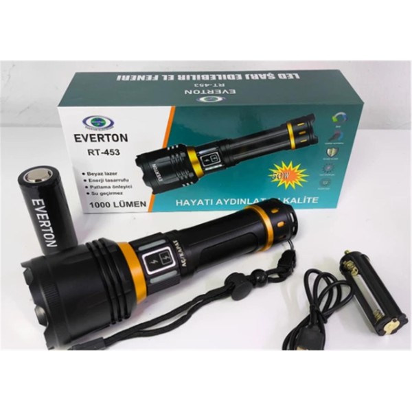 Everton RT-453 Metal Fener 50w Şarjlı Parlaklık Ayarı 4800Mah 26650 3.7v Lıon Pil) Everton RT-453 Metal Fener 50w Şarjlı Parlaklık Ayarı 4800Mah 26650 3.7v Lıon Pil)