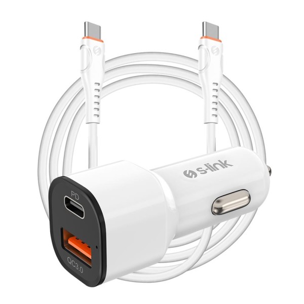 S-link SL-EC38PD TypeC to TypeC Kablolu 38W PD + USB QC3.0 Beyaz Araç Şarj Cihazı S-link SL-EC38PD TypeC to TypeC Kablolu 38W PD + USB QC3.0 Beyaz Araç Şarj Cihazı