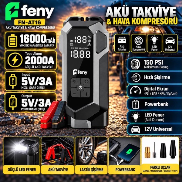 Feny FN-AT16 16.000 Mah 5v-3a Akü Takviye Ve Hava Kompresörü (Lastik Şişirme- Powerbank) Çantalı Feny FN-AT16 16.000 Mah 5v-3a Akü Takviye Ve Hava Kompresörü (Lastik Şişirme- Powerbank) Çantalı