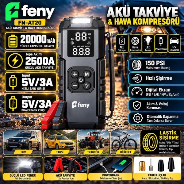 Feny FN-AT20 20.000 Mah 5v-3a Akü Takviye Ve Hava Kompresörü (Lastik Şişirme- Powerbank) Çantalı Feny FN-AT20 20.000 Mah 5v-3a Akü Takviye Ve Hava Kompresörü (Lastik Şişirme- Powerbank) Çantalı