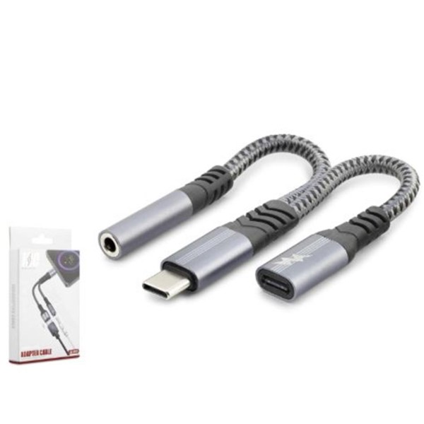 HADRON GJ018 Type-C 3.5 mm Araç Şarj Ses Ayırıcı Kablo Siyah
