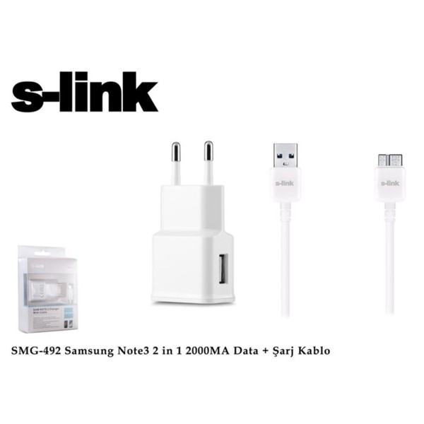 S-link SMG-492 2000mah Note 3 Şarj Kablo Priz Data Şarj Kablosu 