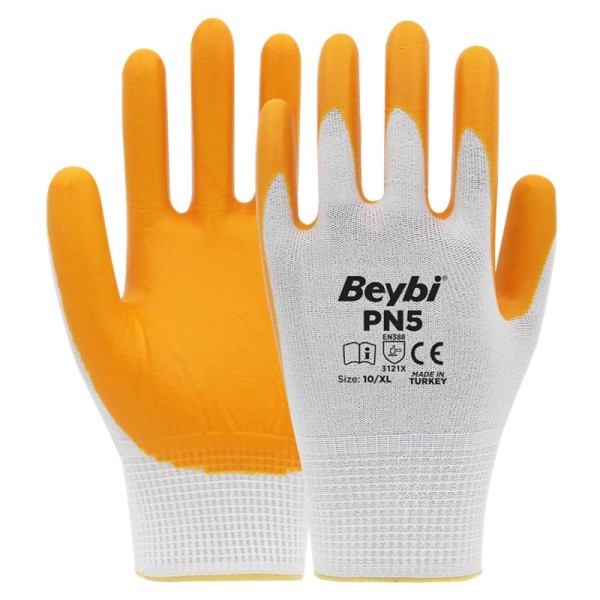 Beybi Nitril PMK PN5 Beyaz Sarı Örme Polyoster Nitril 10 Beden 12li Paket EN388 (3121X) Beybi Nitril PMK PN5 Beyaz Sarı Örme Polyoster Nitril 10 Beden 12li Paket EN388 (3121X)