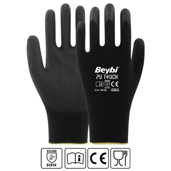 Beybi 7 Beden 12li Paket Poliüretan Kaplı Pu Touch Siyah Montaj Eldiven EN388 (3121X) Beybi 7 Beden 12li Paket Poliüretan Kaplı Pu Touch Siyah Montaj Eldiven EN388 (3121X)